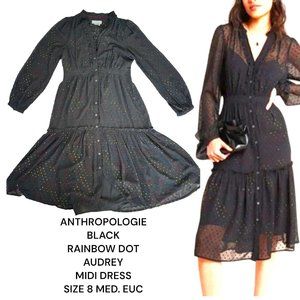 ANTHROPOLOGIE BLACK RAINBOW DOT MIDI AUDREY DRESS SIZE 8 MEDIUM EUC